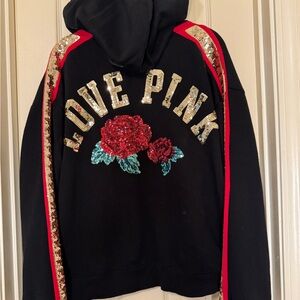 PINK Victoria's Secret Black Hoodie with Red and Gold Accents